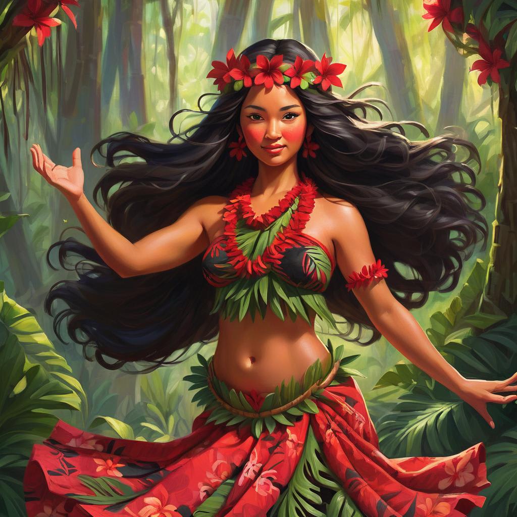 Illustration of a Hawaiian woman performing traditional hula dance in a lush tropical setting
