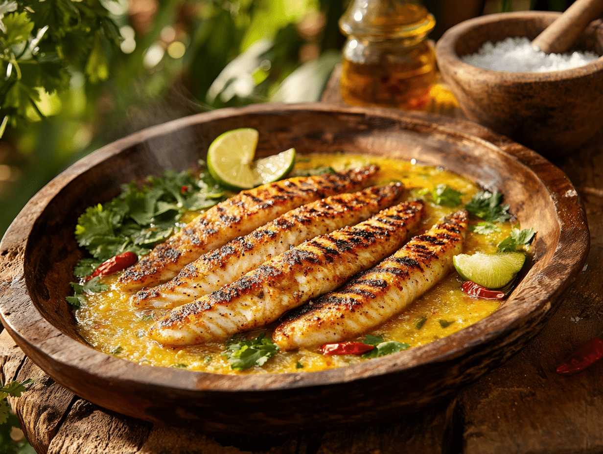Grilled river fish in traditional Amazonian tucupi sauce garnished with lime and herbs